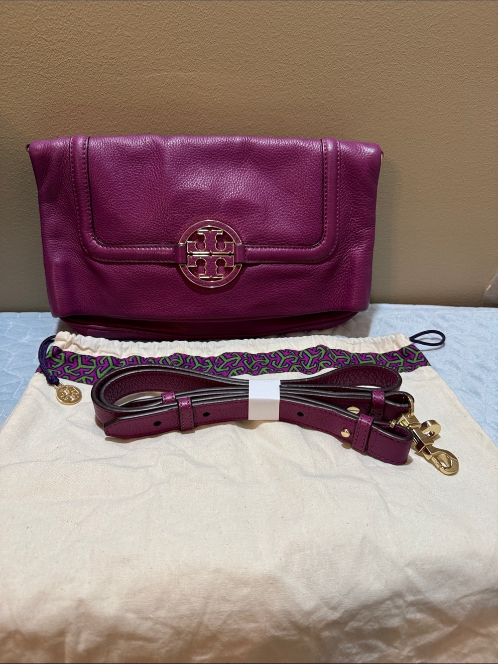 Tory Burch Plum Leather Fold-Over Clutch Crossbody bag with Gold Logo & Dusty
